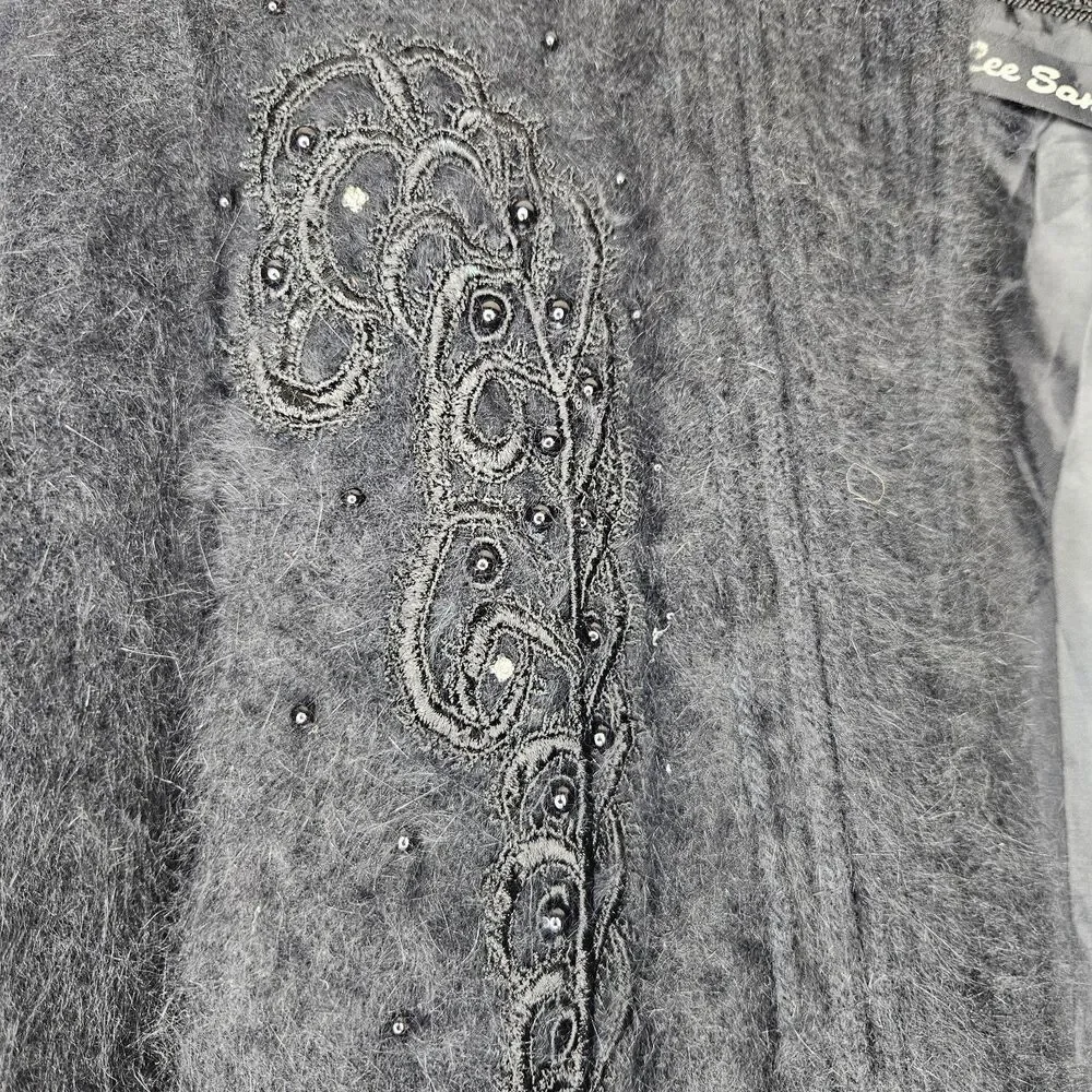 Lee Sands Womens Korean Angora Cardigan Sweater, Size Large, Black